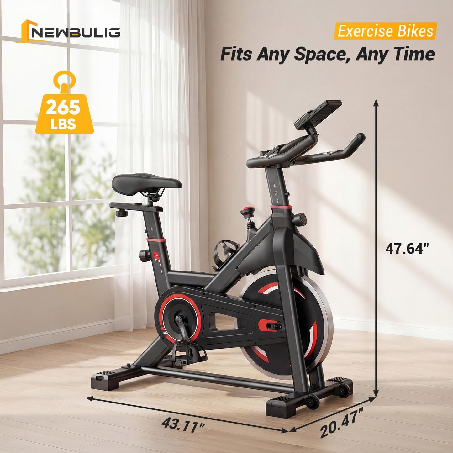 NEWBULIG Exercise Bike with APP, Stationary Bikes for Home, Workout Bike for Adults & Seniors, Cycle Machine, Adjustable Height and Resistance, Low Noise, 265lbs Weight Capacity, Easy Assembly