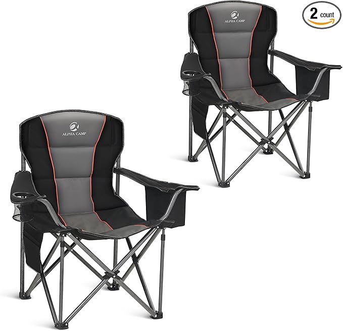 ALPHA CAMP Oversized Camping Folding Chair, Heavy Duty Support 450 LBS Steel Frame Collapsible Padded Arm Chair with Cup H...