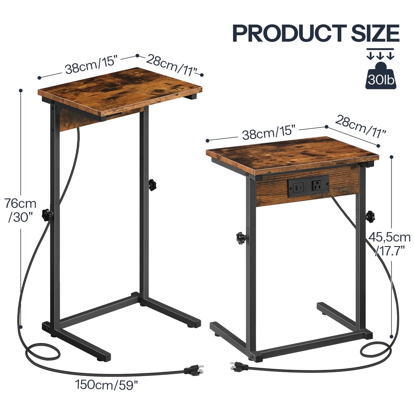 HOOBRO C-Shaped Side Table with Charging Station, Adjustable Height Sofa Arm Table, Slide Under Couch Table for Small Space in Living Room, Bedroom, Rustic Brown BF71USF01
