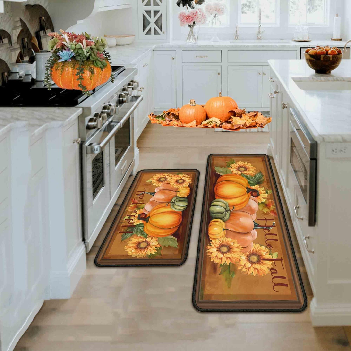 Noulmea Hello Fall Pumpkin Decorative Kitchen Rugs Set of 2,Thanksgiving Autumn Pumpkin Front Door Mat Floor Rug for Fall Home Holiday Party Decor 17"x47"+17"x30"