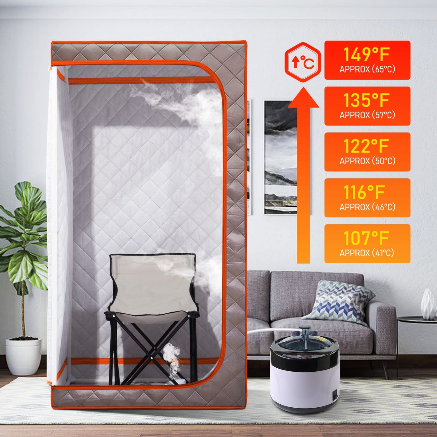 TaTalife Portable Steam Sauna, Full Size Personal Sauna for Home, with 4L & 1500W Steam Generator, Remote Control, Timer (Single Steam 4L Steamer Set - Dark Grey Orange Rim, 33.85" x 33.85" x 65.74")