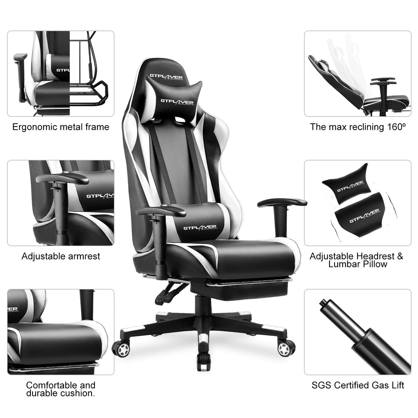 GTPLAYER Gaming Chair with Footrest, Ergonomic Computer Game Desk Chair, Reclining Game Chair Seat Height Adjustment, Swivel Rocker with Headrest and Lumbar (White)