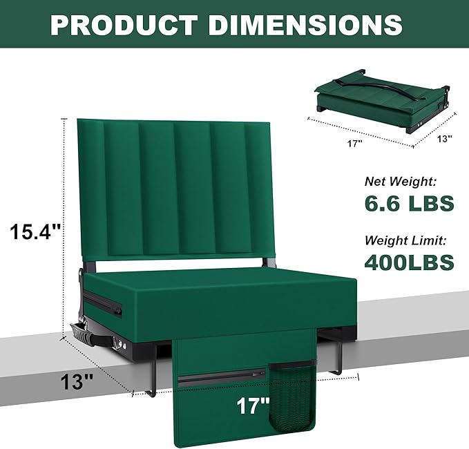 Aliphon Stadium Seat for Bleachers with Back Support and Cushion, Bleacher Seats with Shoulder Strap and Cup Holder, Padded Portable Folding Comfort Stadium Chair, for Sports Events,Green (1pcs)