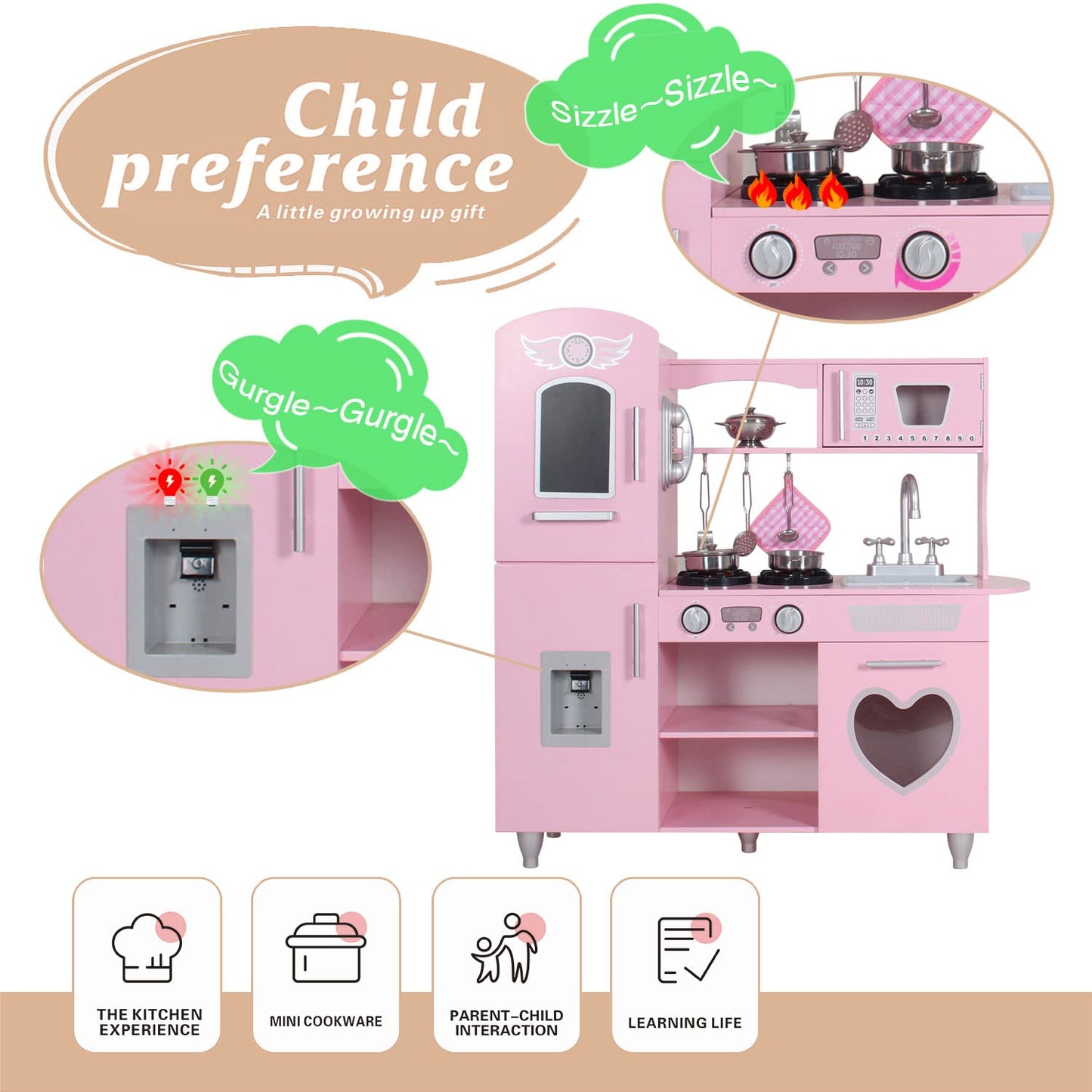 TaoHFE LED Upgrade Kitchen Set for Kids Wooden Play Kitchen LED Gas Tray with Sound Toy Kitchen Sets for Girls Gift Enjoy Cooking with Lights and Sounds Pink Kitchen for Toddlers Kids Kitchen Playset