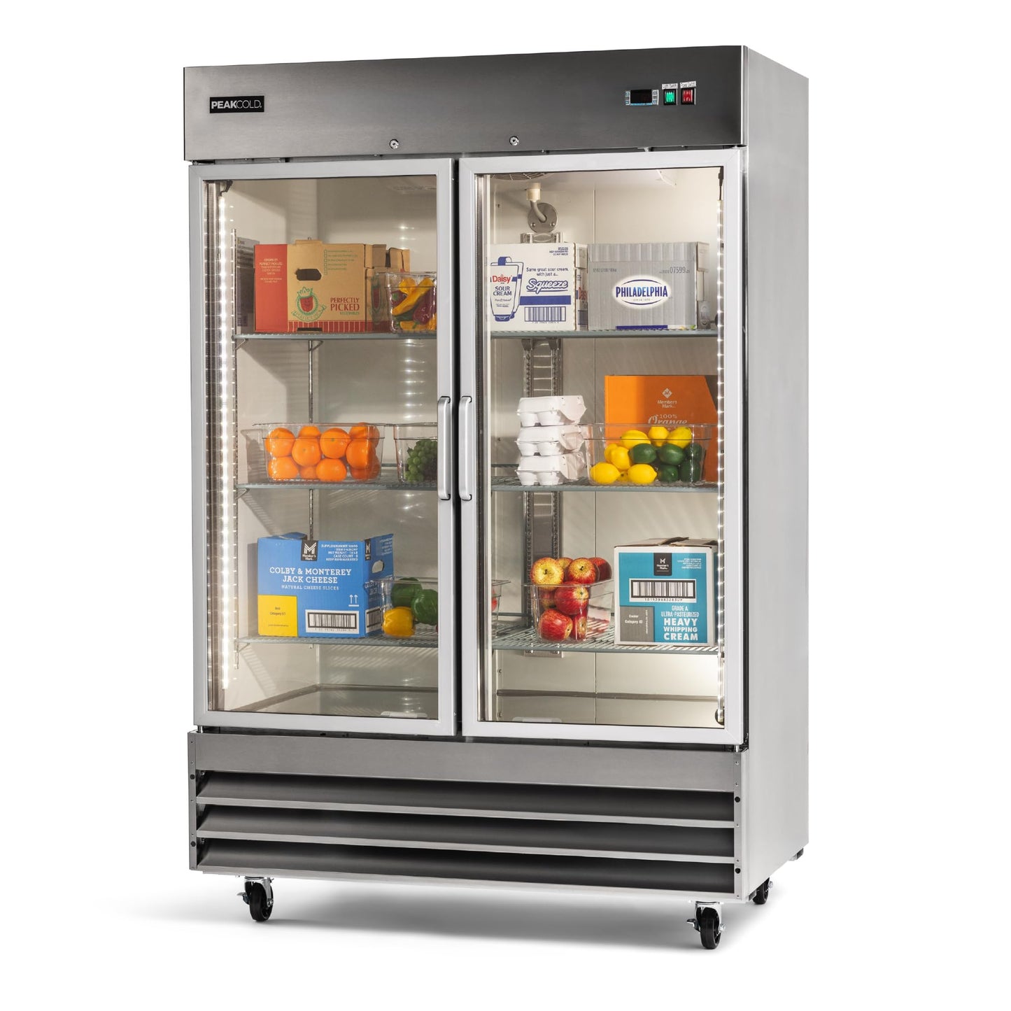 PEAKCOLD Double Glass Door Commercial Refrigerator - 47 Cubic Ft, 54" Wide Stainless Steel Reach-In Commercial Refrigerator with White Internal Lighting - Freestanding Industrial Fridge