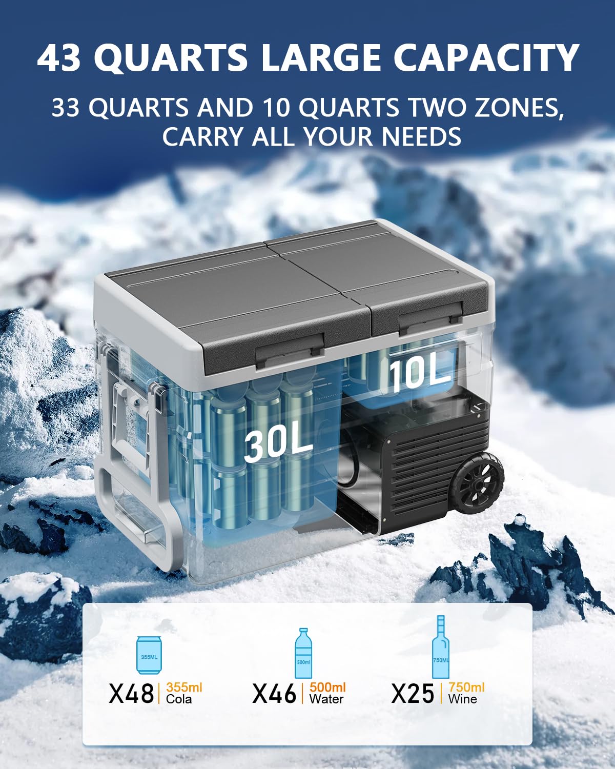 ELECAENTA 12V Refrigerator, 43qt Dual Zone, Support DC/AC/Solar/Battery Powered (Battery Optional), Portable Car Fridge Freezer -4℉~68℉, Electric Cooler for Vehicles Camping Travel Fishing Road Trips
