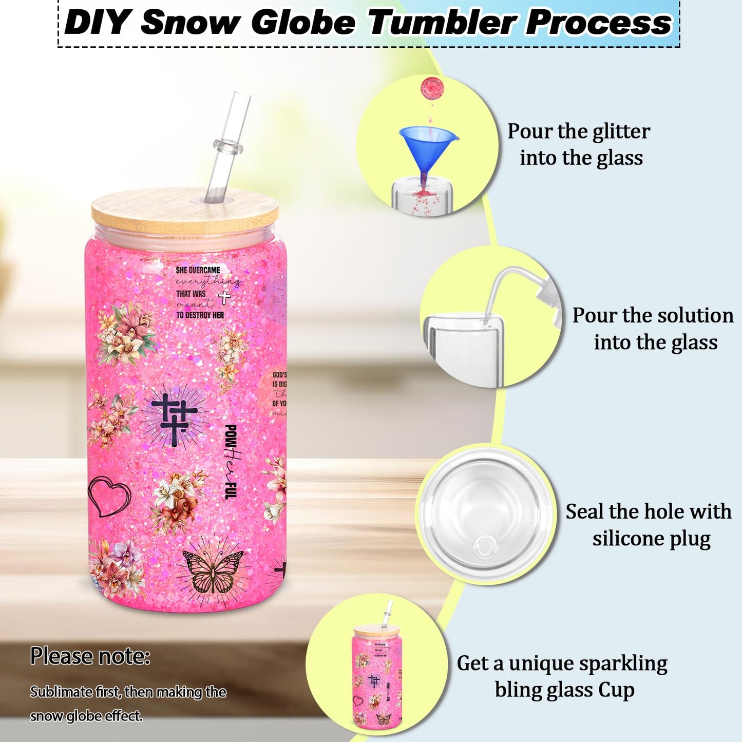 Micellwuu 8 Pack 16 Oz Sublimation Snow Globe Tumbler, Snow Globe Cups with Pre Drilled Hole, Double Wall Beer Can Glass Mason Jar Mug with Bamboo Lids and Straws for Snowglobe DIY