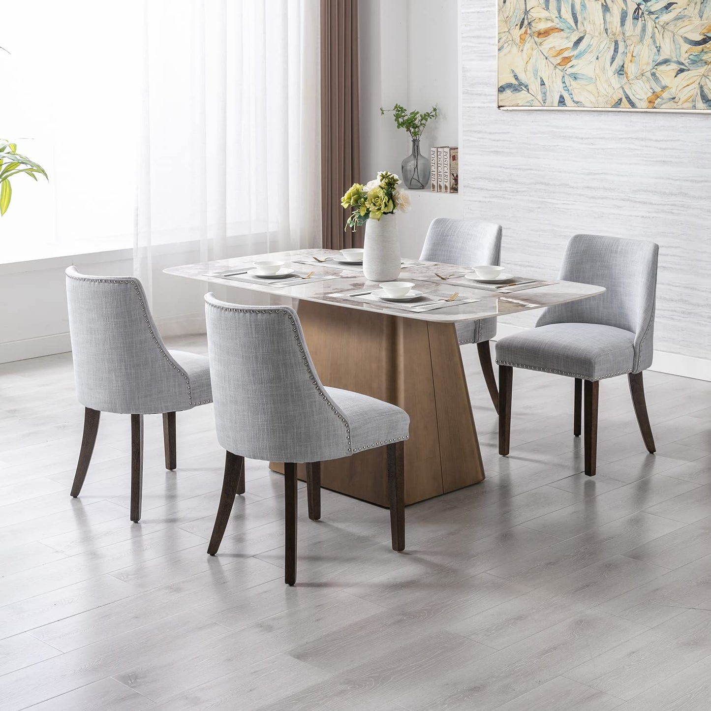 LZAREAL Linen Dining Chairs Set of 2 Upholstered Accent Chair with Nailhead Trim & Solid Wood Legs, Mid Century Modern Side Chair for Kitchen/Dining/Living/Bedroom, Linen Grey