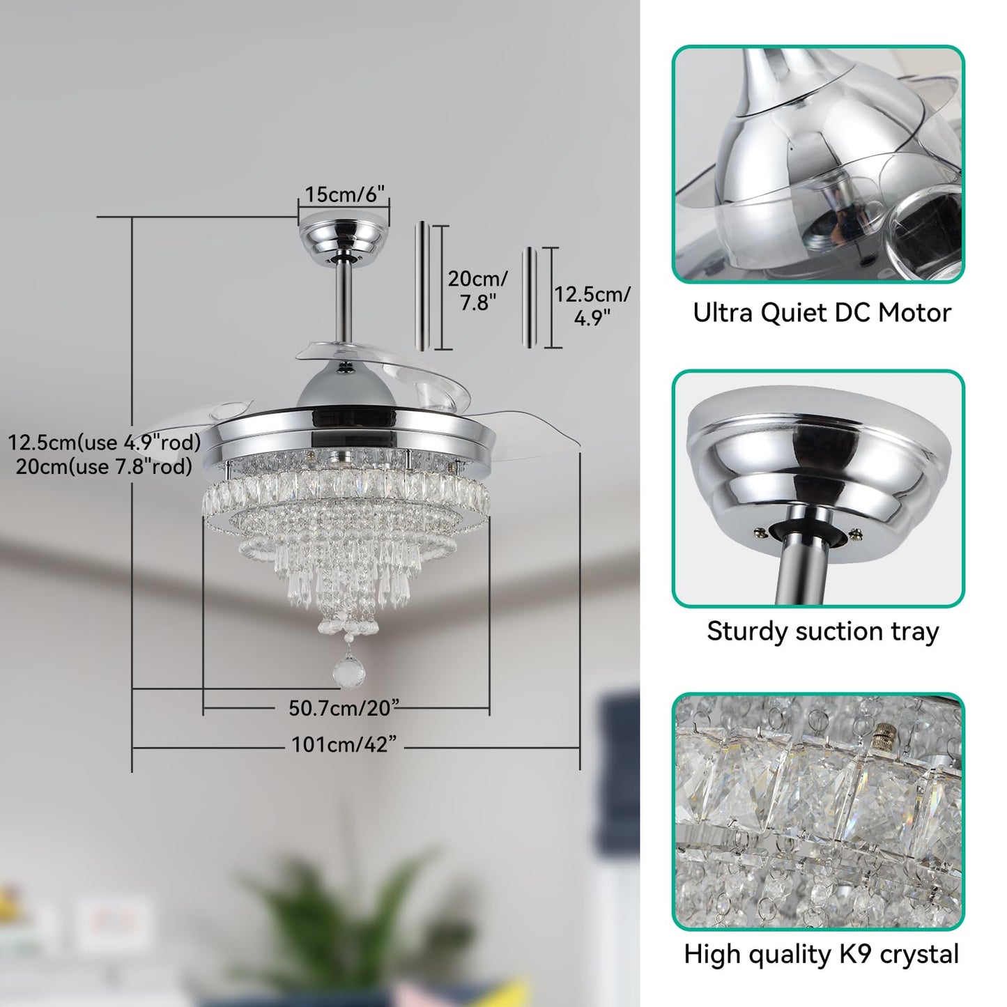 LEONTYNE 42" Modern Crystal Chandelier Ceiling Fan with Light & Remote,Dimmable LED Fandelier for Bedroom Living Room,3 Color Temperatures,6 Speeds,Retractable Blades,Timing & Memory Function