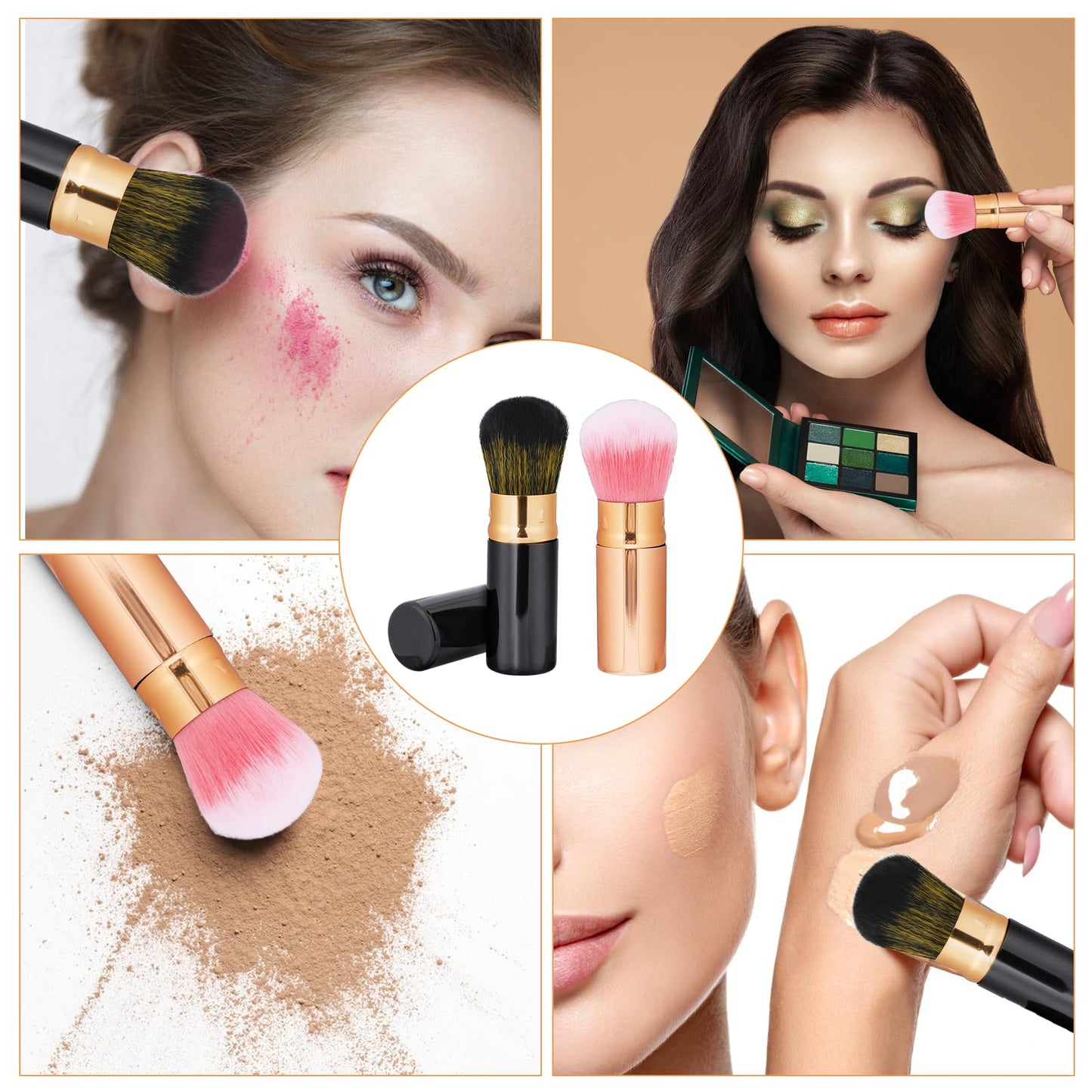 Retractable Blusher Brush with Cover, 2 Pack Travel Kabuki Bronzer Makeup Brush Liquid Cream Foundation Powder Brush Extensible Face Blender Brush Professional Concealer Brush for Women (Gold & Black)