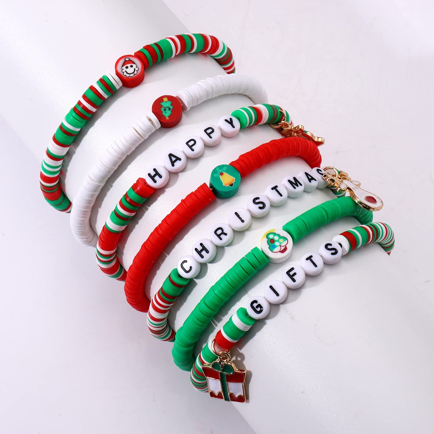 FAERLIIRY Christmas Bracelets for Women Preppy Heishi Bracelets Stackable Polymer Clay Disc Beaded Stretch Bracelets Xmas Party