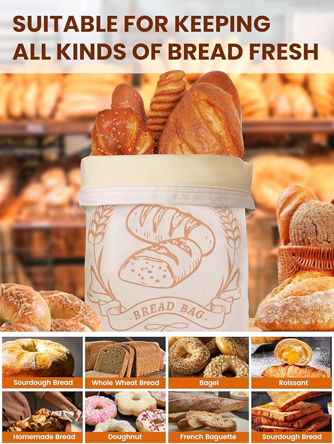 2 Pack Beeswax Bread Bags with Zipper, Sourdough Bread Storage for Homemade, Freezer Storage Bag to Keep Fresh, Large Cotton Beeswax Container, Baguette Bag with Liner, Kitchen Baking Supplies