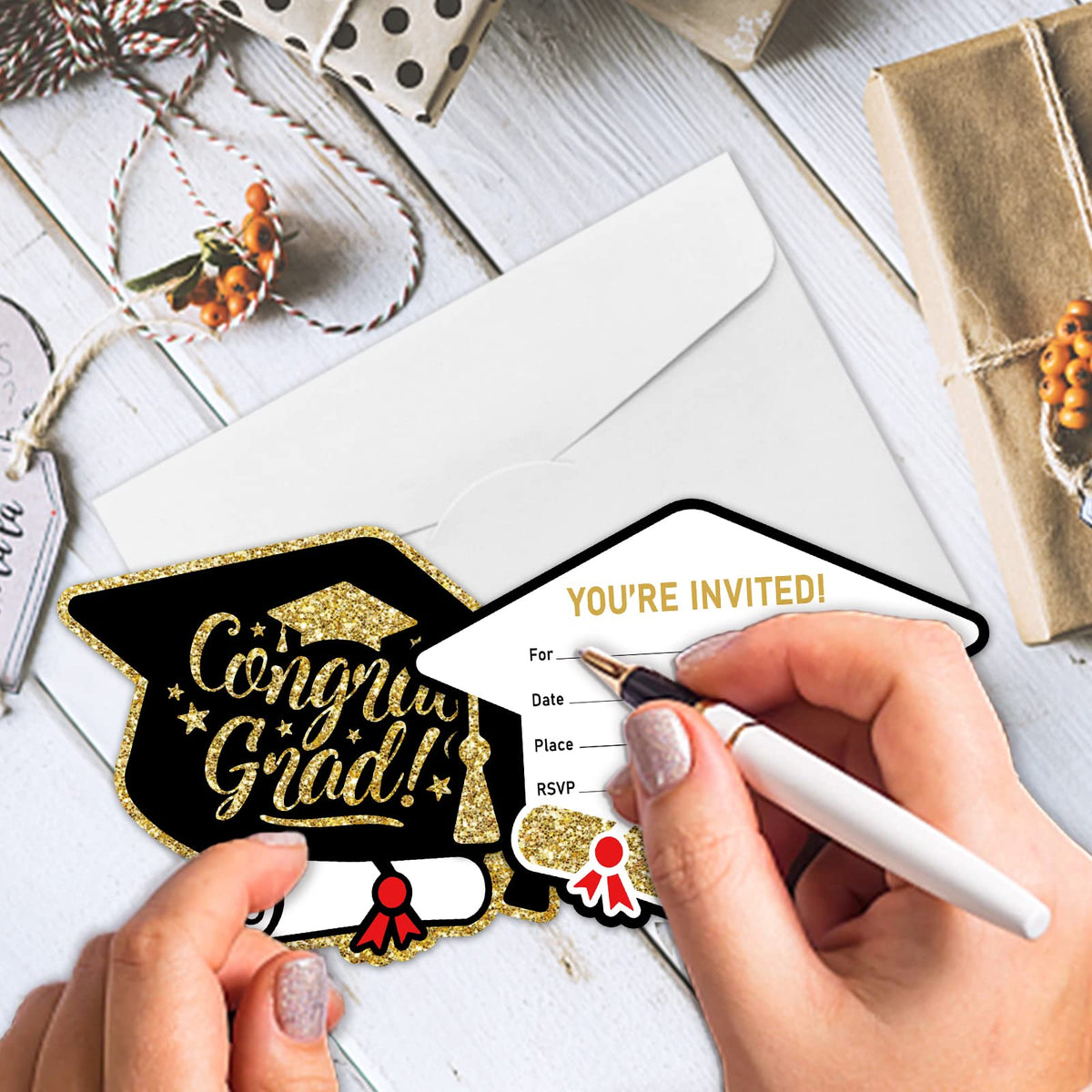 REWIDPARTY Graduation Hat and Diploma Shaped Fill-in Invitations with Envelopes & Stickers（Set of 15） Black Gold Graduation Invites Cards Grad Celebration Party Supplies for High School or College