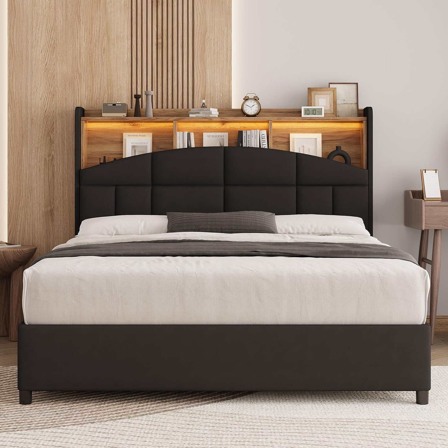 REVOMINCA Queen Bed Frame with Headboard and LED Lights, Velvet Upholstered Bed Frame with Wooden Slats Support, No Box Spring Needed, No Noise, Black