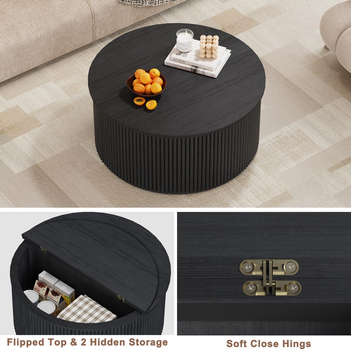 FATORRI Round Coffee Table with Storage, Fluted Wooden Center Table, Circular Mid-Century Modern Coffee Table for Small Space, Living Room, Bedroom, 31.5 Inch, Black