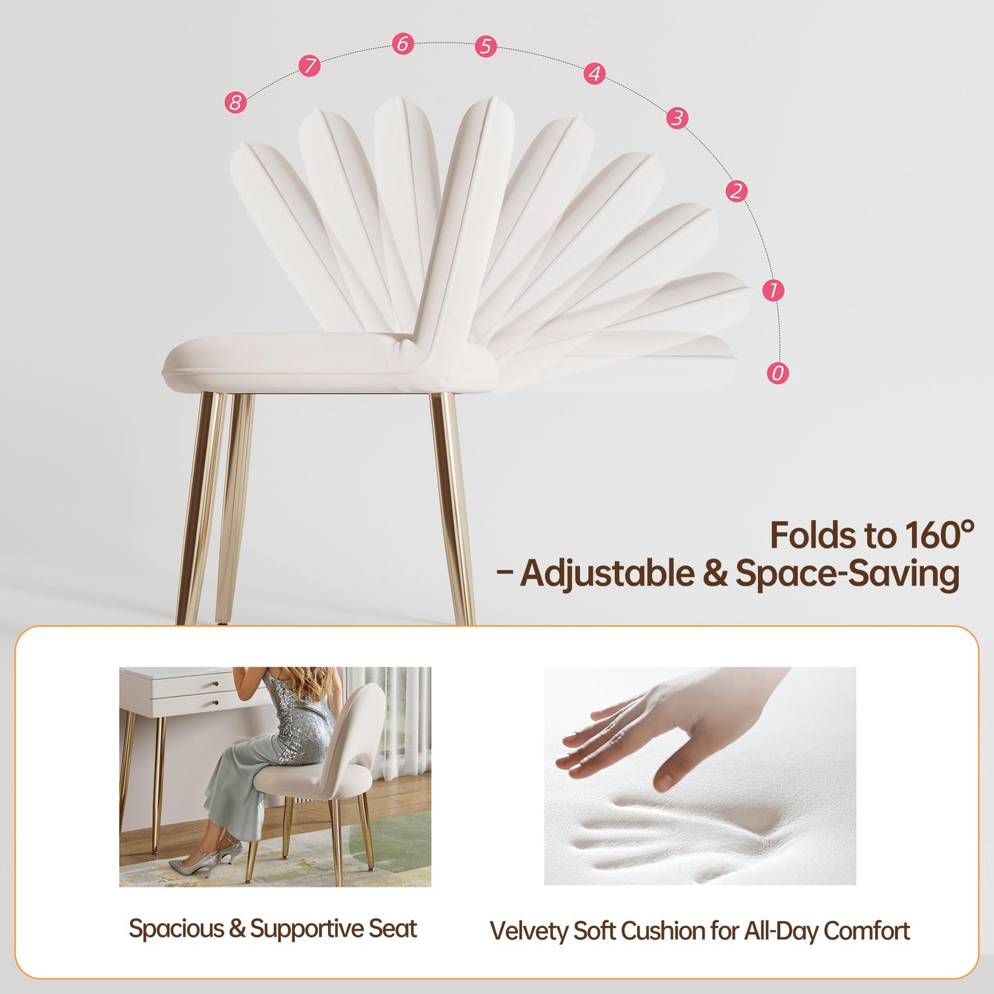 KDCAS Vanity Desk with Mirror and Lights| 39" Beige Modern Makeup Vanity Set with Drawers & Adjustable Chair| White and Gold Dressing Table for Small Spaces & Bedroom