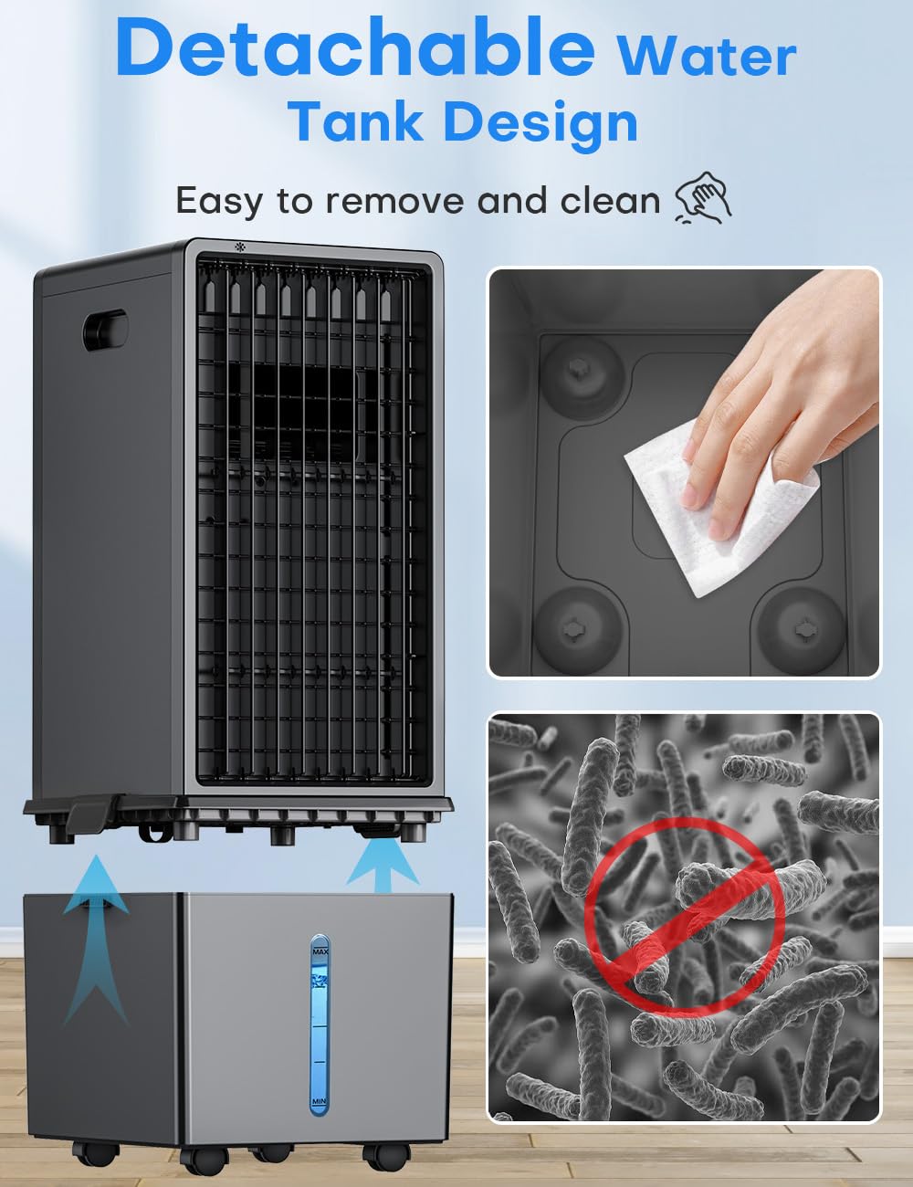 COOLECH 4-IN-1 Windowless Air Conditioner w/ 3.2-Gal Tank for 30H Cooling, 4 Wind Speeds & 4 Modes, Waterless Alert System, LED Touch Screen & Remote, 12H Timer, Swamp Cooler Air Conditioner for Room