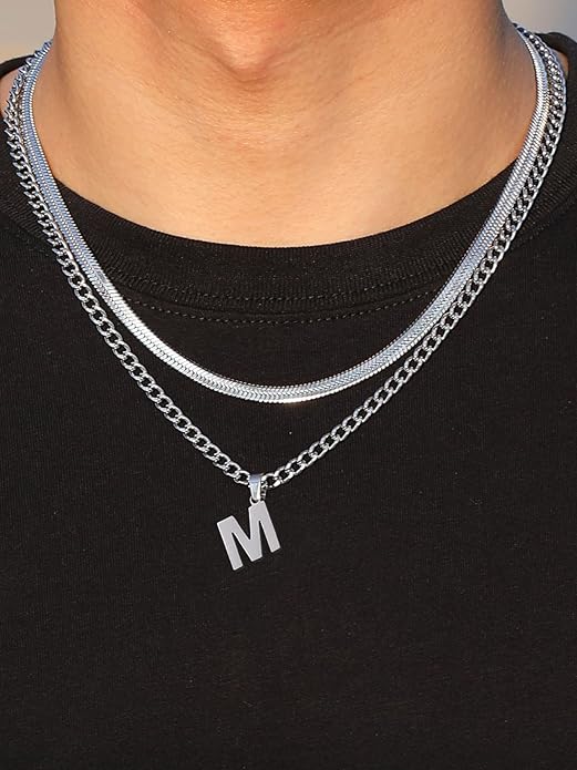 P. BLAKE Layered Initial A-Z Pendant Necklaces Gifts for Boys Men, Stainless Steel Letter Cuban Link Herringbone Chain Valentines Fashion Jewelry Gifts for Him
