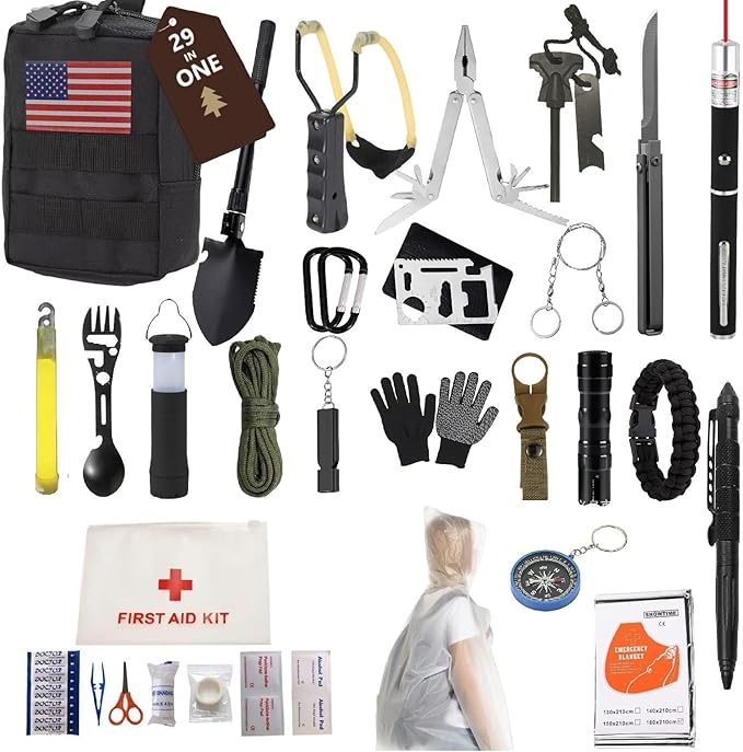 29-in-1 Outdoor Survival Gear Kit with Heavy-Duty Storage Bag, First Aid & Fire Starter – Emergency Tools for Camping Hik...