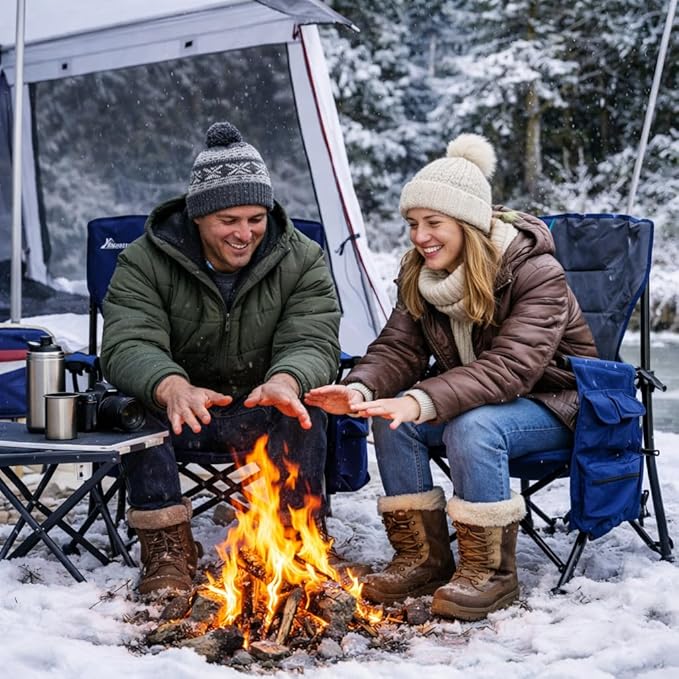 Romswi Heated Oversized Camping Chairs 2 Pack with Hard Armrest Chair,Heavy Duty Supports 500LBS,Folding Chairs with Side Pockets,Cup Holder for Outdoor,Garden,Fishing (Powerbank Not Included)