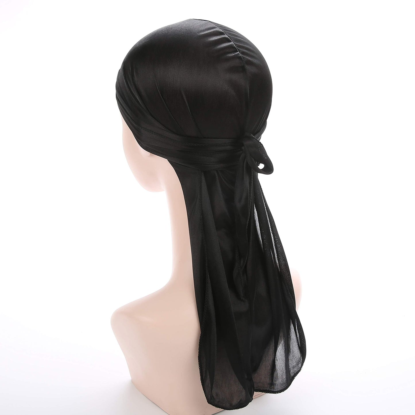 Fxhixiy Men Women Durag Extra Long-Tail Headwraps Silky Satin Pirate Cap Bandana Hat for 360 Waves Black