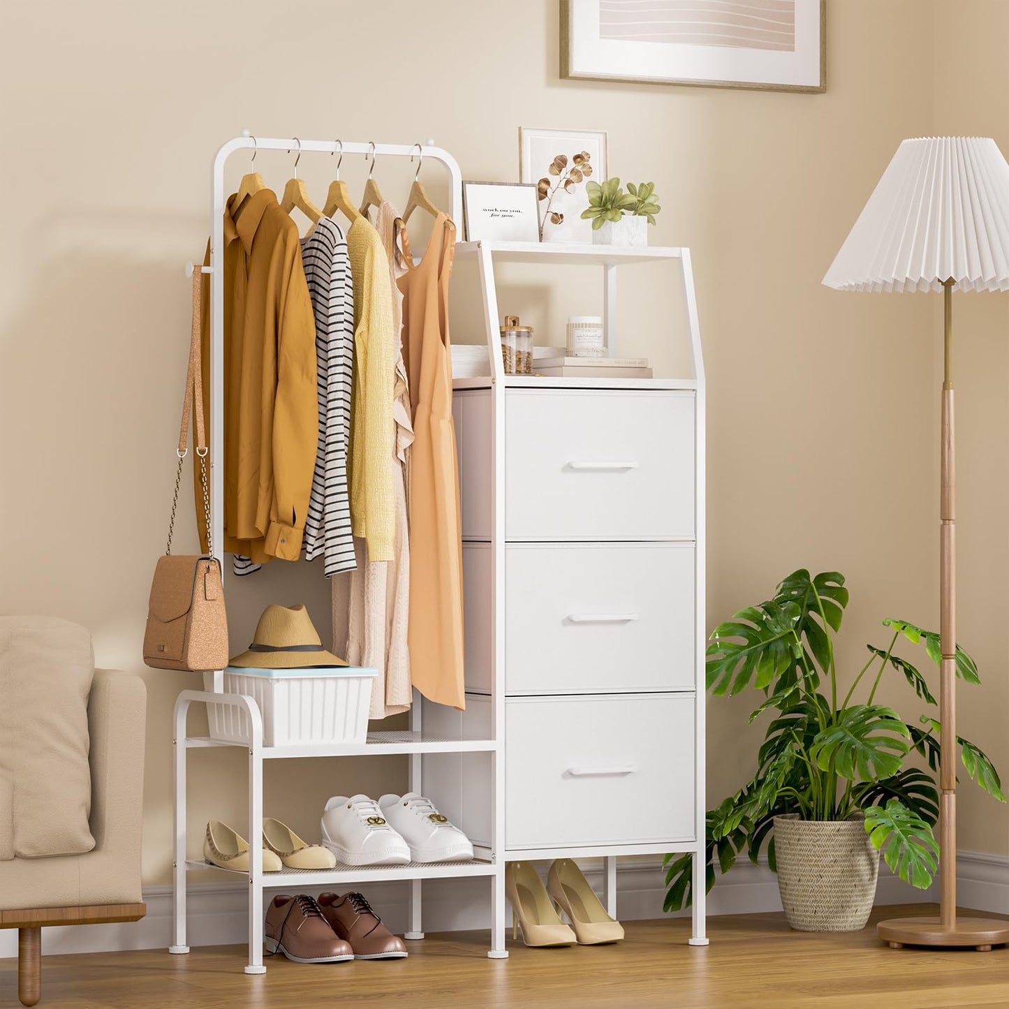 SWTYMIKI Dresser with Hanging Rack - 3 Fabric Drawers Dresser for Bedroom - Reversible Tall Storage Tower, Small Space Clothes Storage Organizer Cabinet for Apartment, Dorm 49.21''H, White