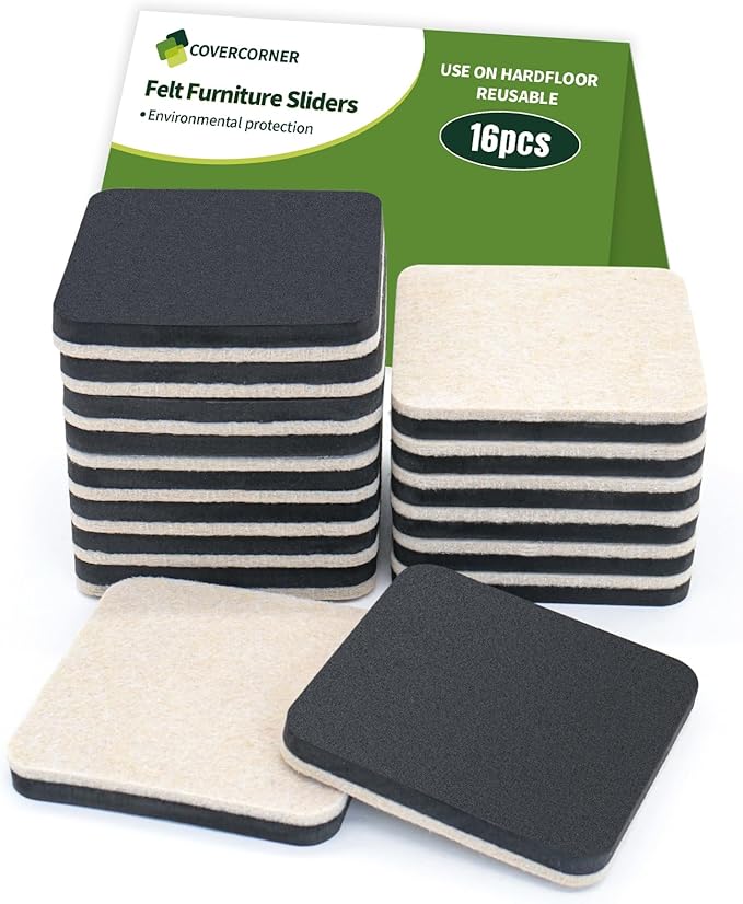 COVERCORNER Felt Furniture Sliders for Hardwood Floors 16 PCS - 3 1/2 inch Square Furniture Moving Slider – Heavy Duty Felt Movers Sliders Chair Legs Floors Protectors (for Hardwood Floors)