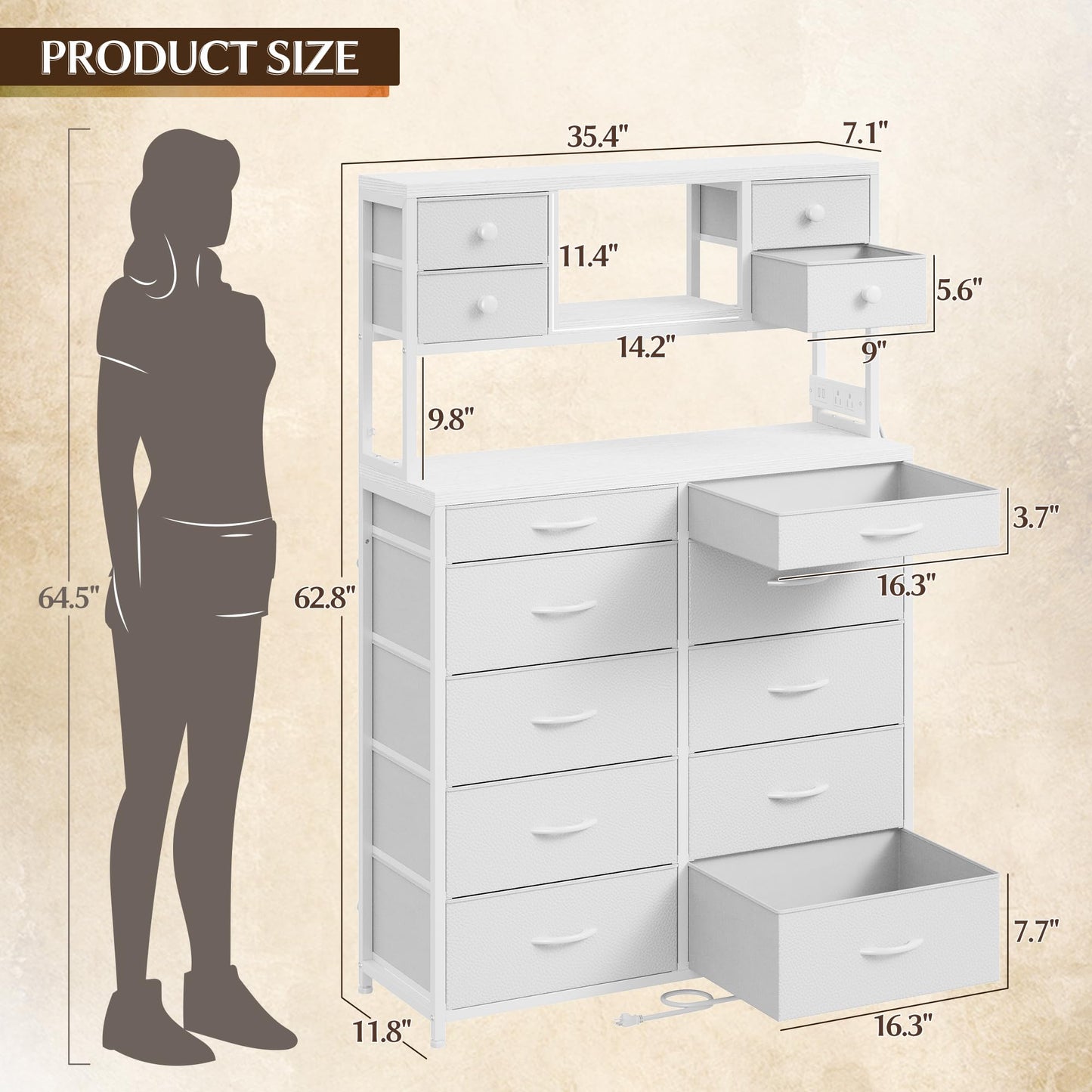 Tall Dresser for Bedroom with 14 Fabric Drawers,White Dresser with Charging Station and LED Lights,Dressers & Chests of Drawers for Bedroom, Steel Frame & Wooden Top for Closet, Entryway