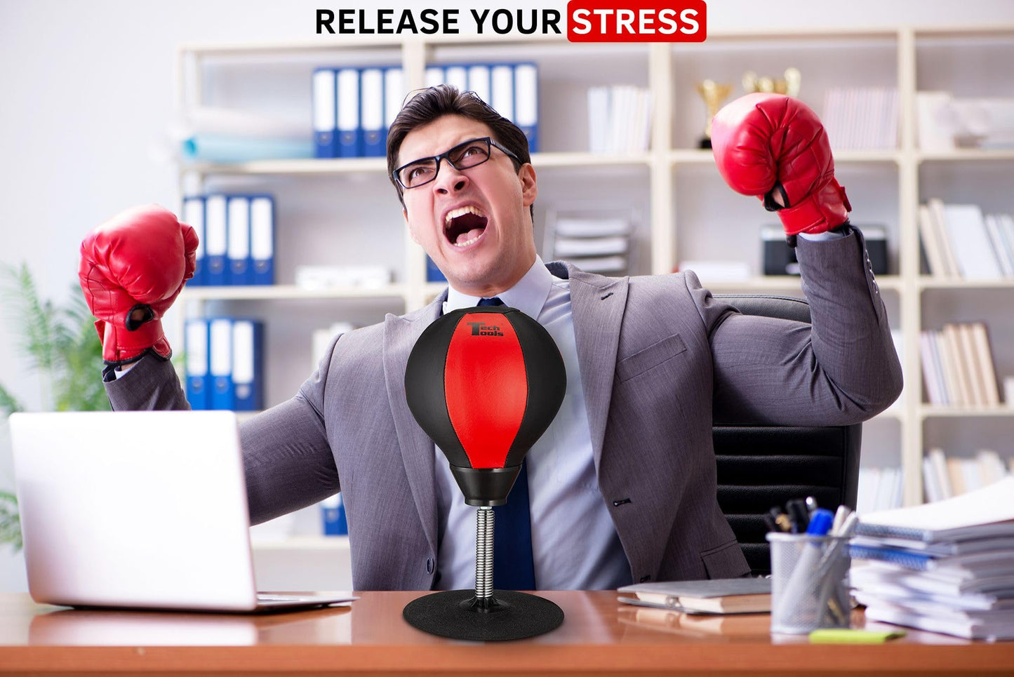 Tech Tools Stress Buster Desktop Punching Bag - Suctions to Your Desk, Heavy Duty Stress Relief Ball, Funny Desk Accessories, Office White Elephant Gift for Boss or Coworker Men and Women