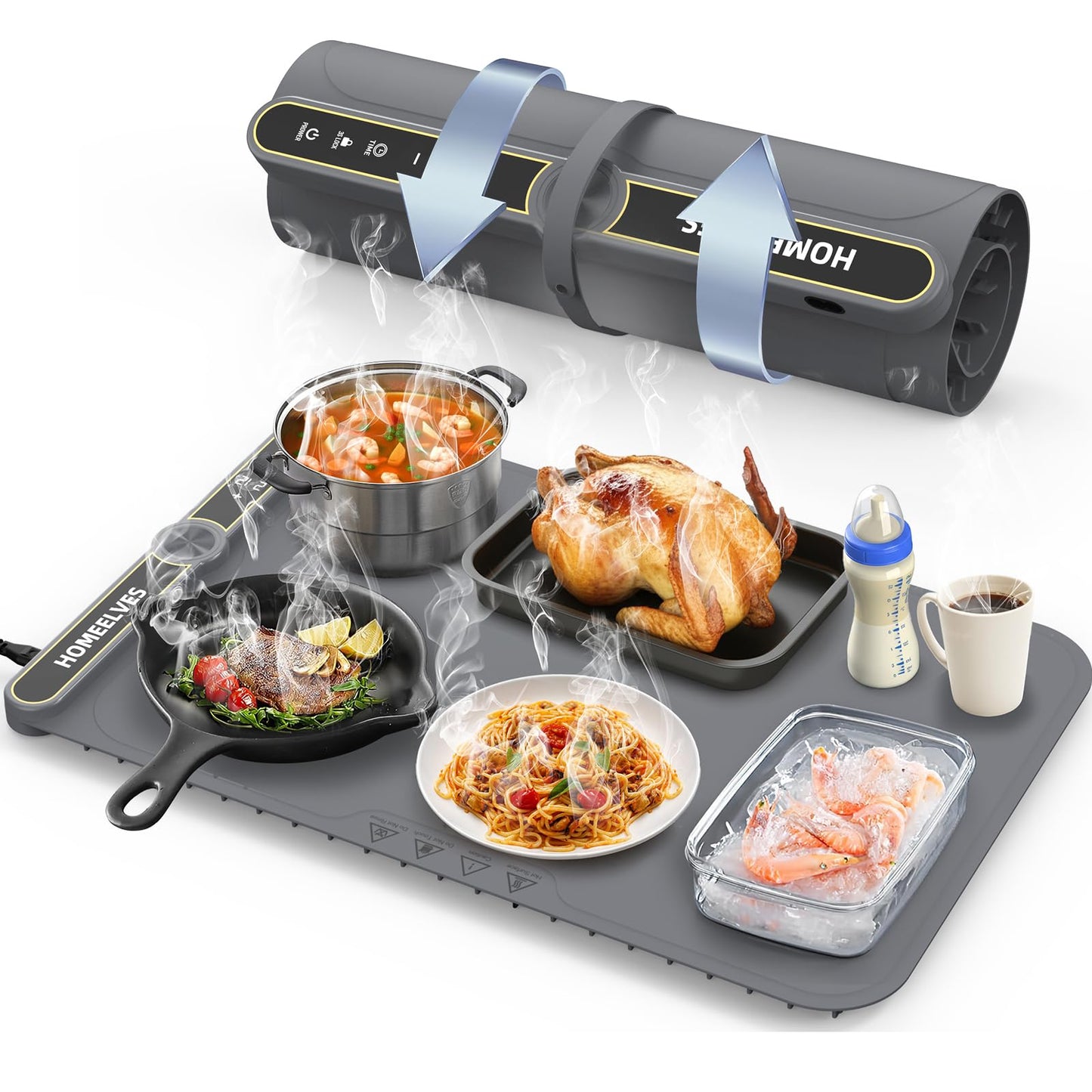 Food Warming Mat, Rapid Heating Electric Warming Tray with 9 Temp Setting and 6 Hours Timer, Foldable Warming Mat for Food, Portable Food Warmers for Parties Buffet, Gray