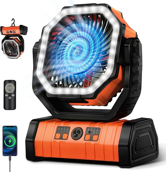 YOGIN Rechargeable Battery Powered Fan, 20000mAh Portable Camping Fan with 360° Adjustable Head, 4 Speeds & LED Light, Qui...