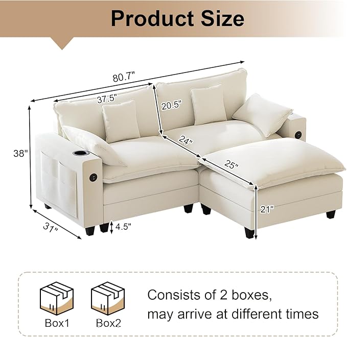 KCGKCG 80.7" Modular Sectional Sofa, L Shaped Cloud Couch with Movable Ottoman, Chenille Deep Seat Cloud Sofa with Charging Station, Cup Holder, Side Pocket, Sectional Couches for Living Room, Beige
