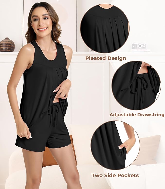 NACHILA Pajamas for Women-Viscose from Bamboo, Ribbed Racerback Tank Top Sexy Split Shorts Pajama Sets Cooling Sleep Cami Pjs