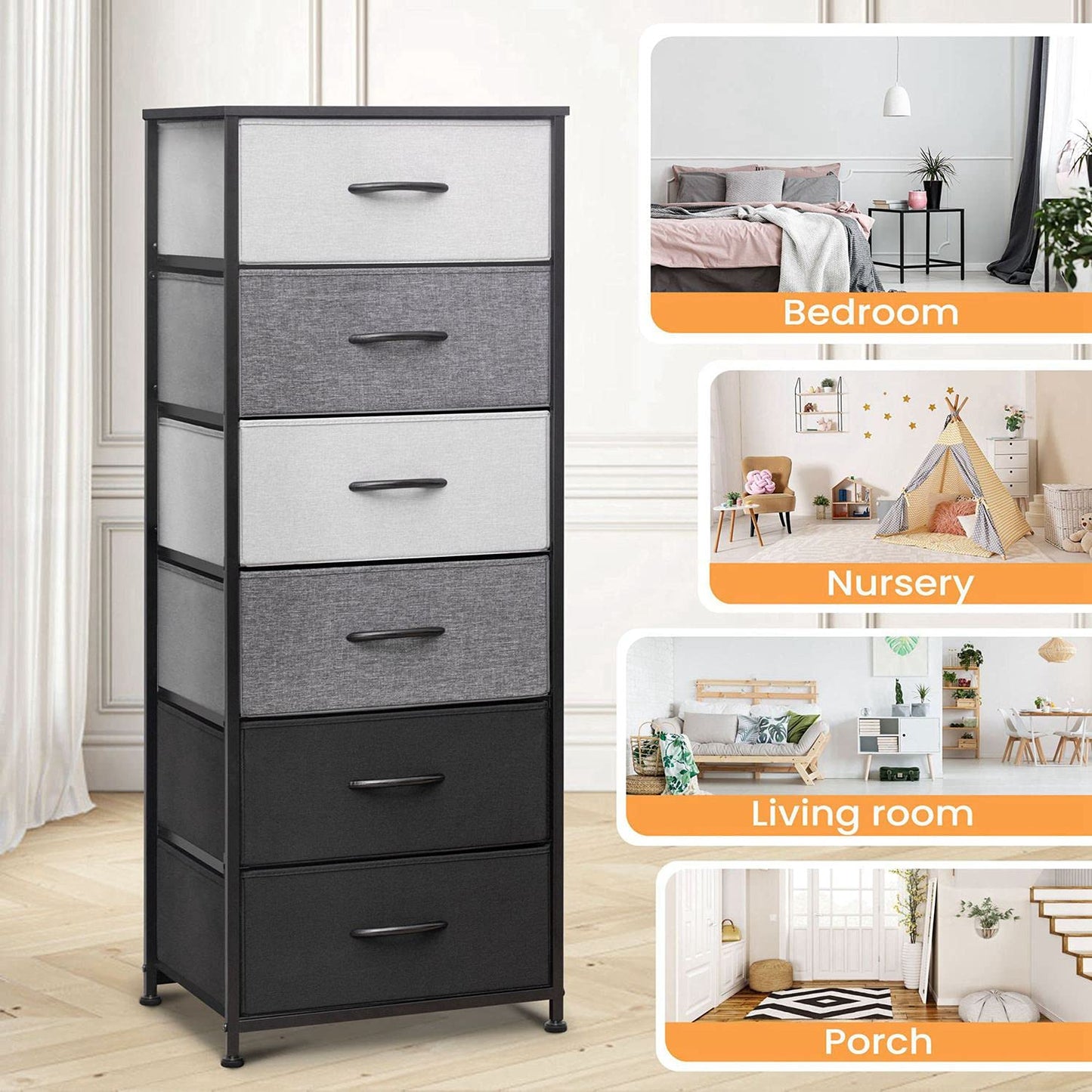 Pellebant Dresser for Bedroom with 6 Drawers, Tall Dresser Vertical Storage Tower, Sturdy Metal Frame, Fabric Storage with Plasti Handle and Wooden Top, Organizer Unit for Closet/Hallway, Black & Gray
