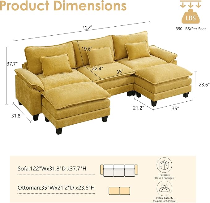URRED Cloud Couch Modular Sectional Sofa, 122" Modern U Shaped Deep Seat Sofa with 2 Ottomans & Pillows, Ultra Comfy Chenille Couches for Living Room, Bedroom or Apartment, Yellow
