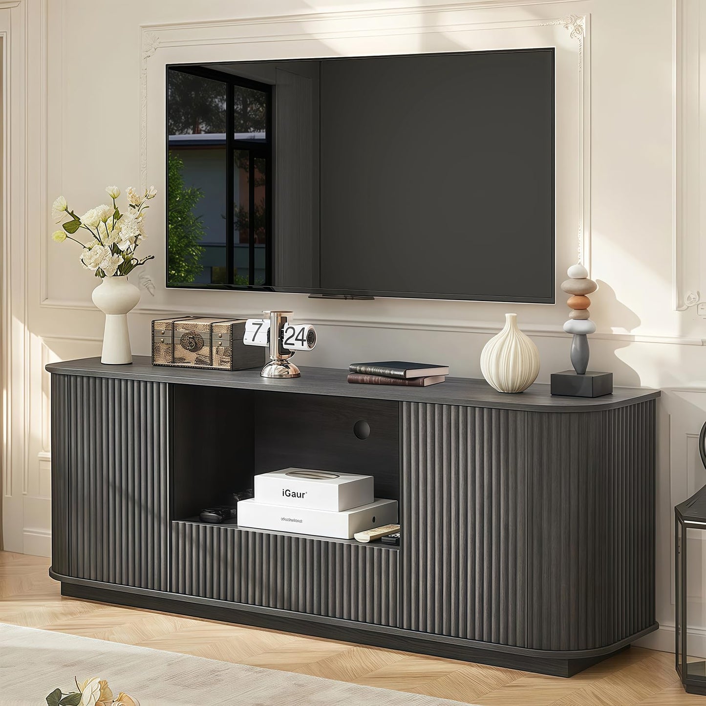 SZTHHDF 64" Fluted TV Stand for TVs Up to 75", Mid Century Modern Entertainment Center with Open Shelf and Drawer, Curved Profile Design, Media Console for Living Room, Bedroom(Black)