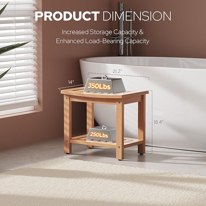 Psilvam Poly Lumber Shower Bench, Shower Stool with Storage Shelf, Water Resistant & Non-Slip Design Shower Seat for Bathroom, Living Room, Bedroom 21 1/4"×14"×18 1/2"（Teak Color）