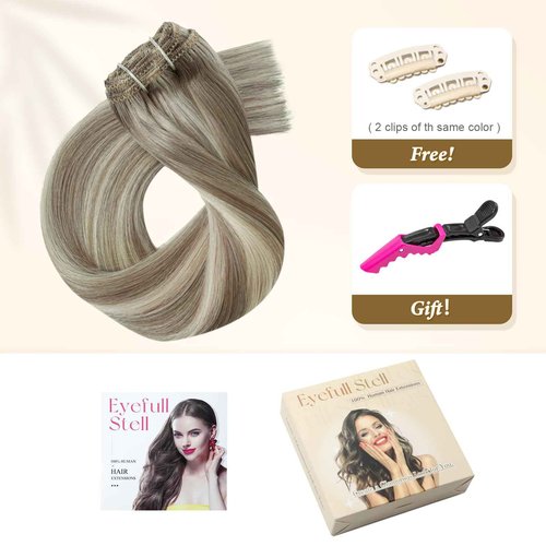 Ash Brown Highlights Platinum Blonde Clip in Real Human Hair Extensions for Women 22 Inch Remy Brazilian Clip on Human Hair Natural Straight Clip ins Hair Invisible Double Weft 60G 5 PCS