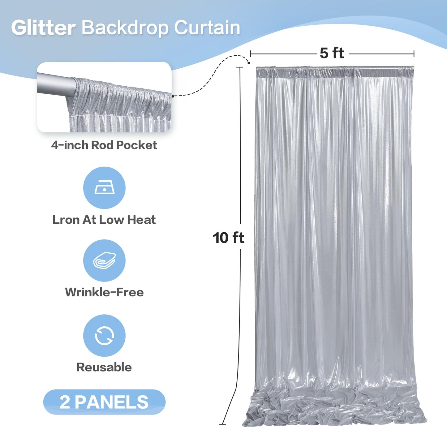 gogoparti 10x10FT Silver Sequin Backdrop Curtain - 2 Panels of 5x10FT Wrinkle-Free Glitter Drapes for Photography, Birthdays, Weddings & Graduations