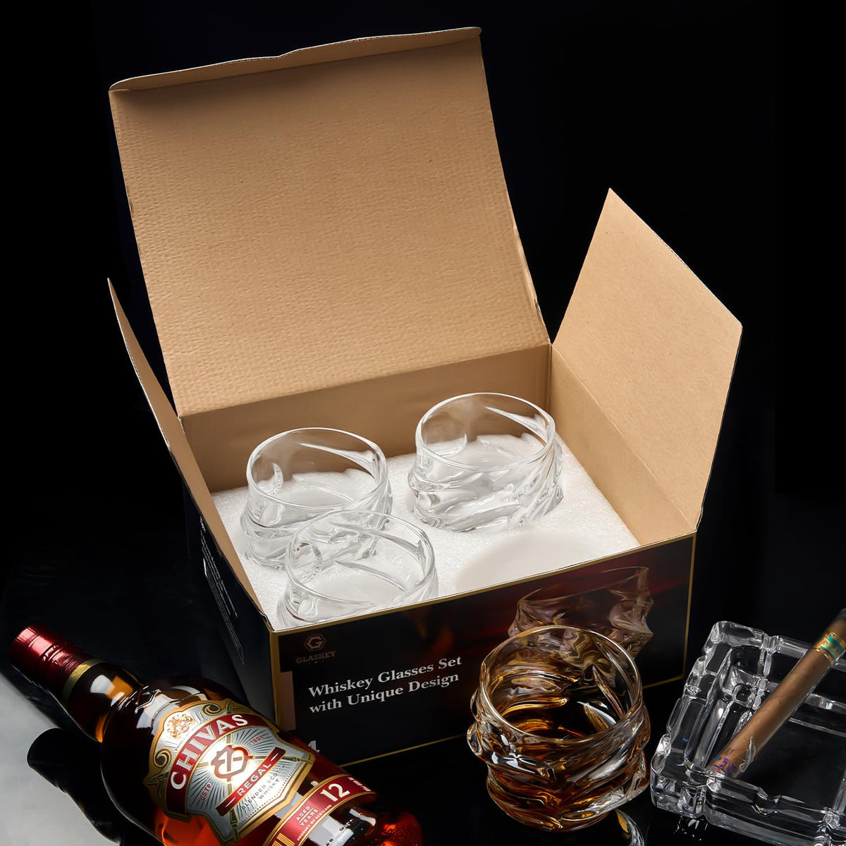 GLASKEY 12 oz Hand Blown Crystal Whiskey Glasses Set of 4, Unique Cognac Glass, Heavy Thick Bottom Bar Glass for Scotch Bourbon Rum Gin Water Cocktail,Gifts Men Gifts Ideas