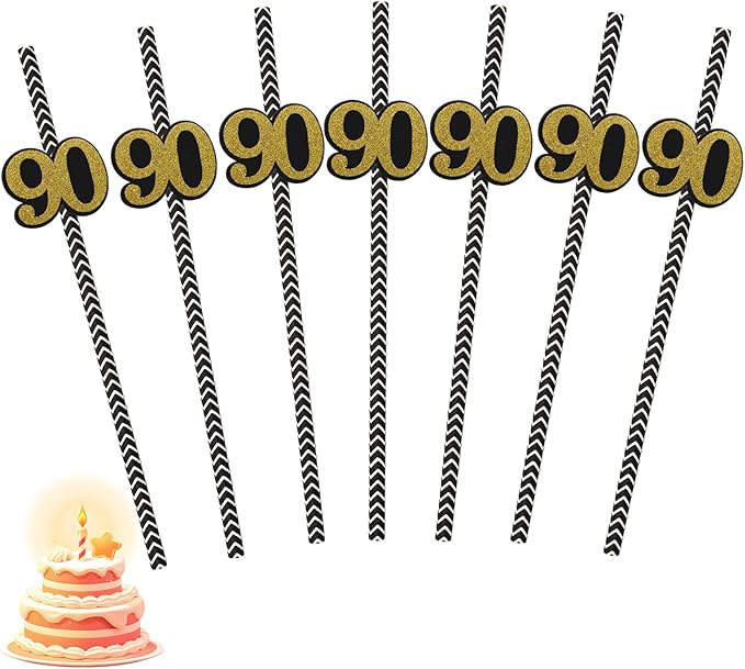 NIEITRK 24PCS Black Gold 90st Birthday Card Straws, Biodegradable Paper Straws with Number 90 for Bar Drinks, Milestone Ce...