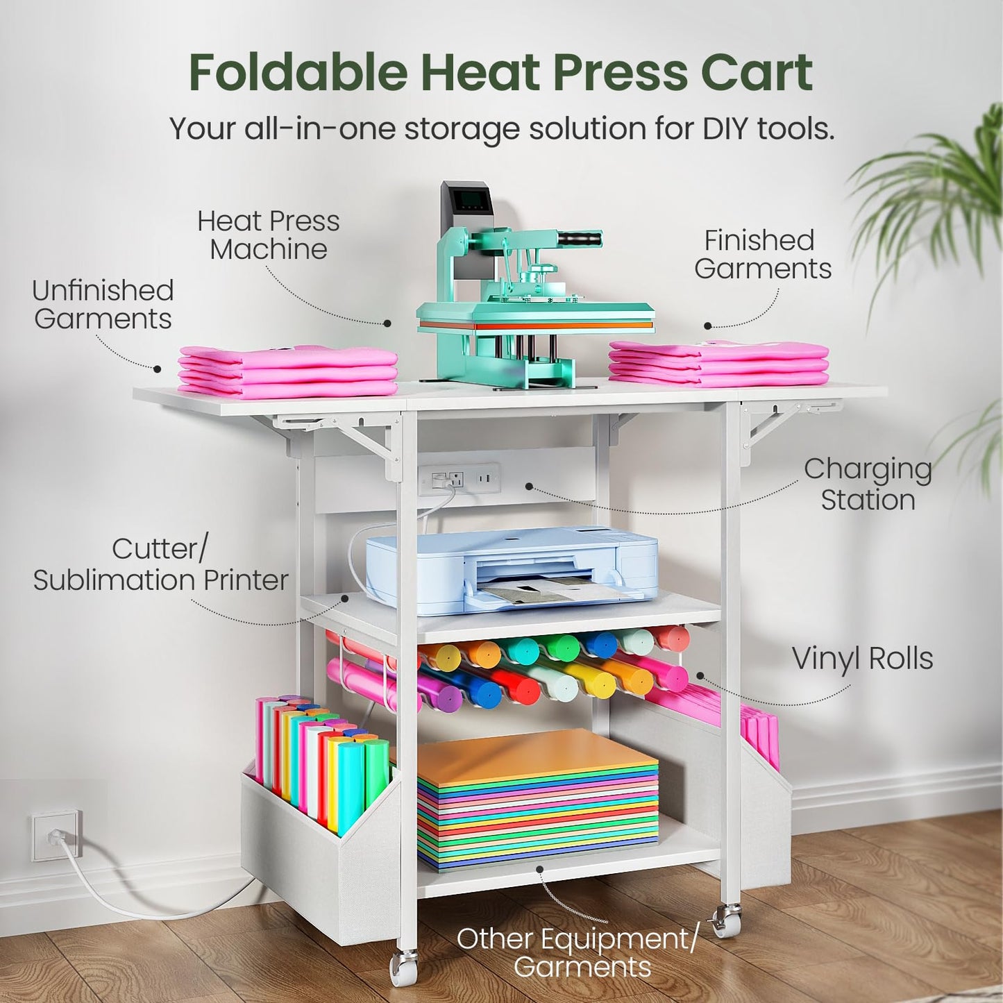 CHOEZON Foldable Heat Press Table with Charging Station, Movable Heat Transfer Stand with Vinyl Roll Holder and Storage Pockets, Mobile Workbench for DIY Sublimation Transfer, White TPS03UWB