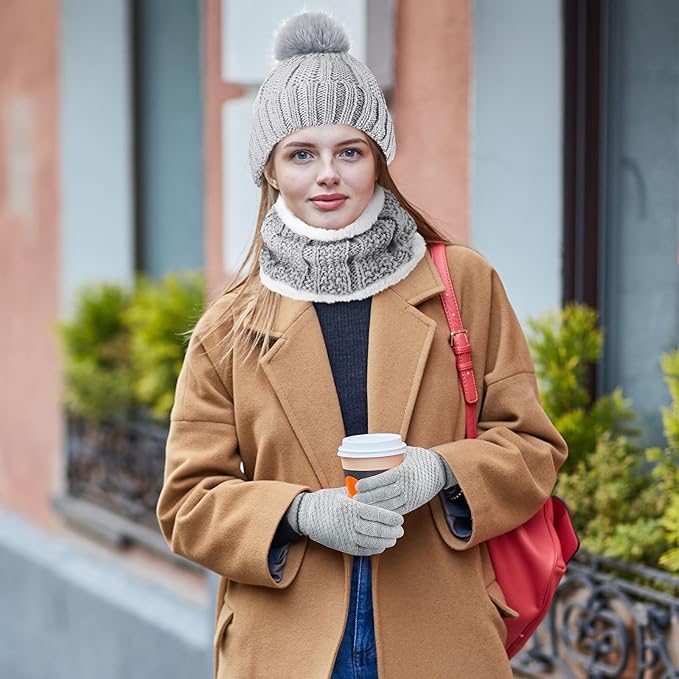 SATINIOR 5 Pcs Winter Hat Scarf Gloves Set Fleece Warm Lined Knit Beanie Hat Touch Screen Earmuff Gloves Warmer for Women(Grey,Classic Style)