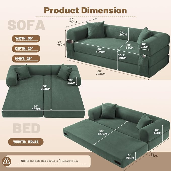 GJQ 80" Convertible Sofa Bed,Corduroy Folding Sleeper Sofa Bed Queen with Pillows & Storage,Modular Pull Out Couches Boneless Couch for Living Room,Compressed Couch in a Box,Light Green