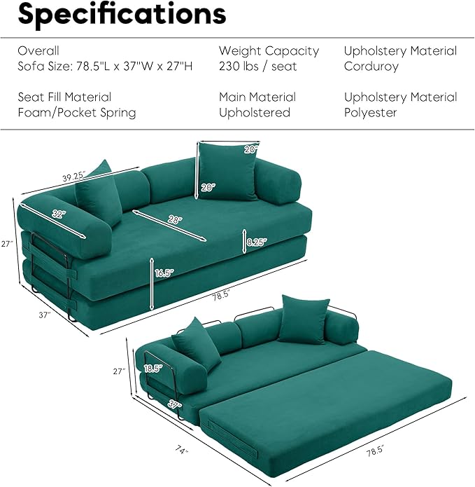 ZEIINPA Convertible Sleeper Sofa Bed, Folding Floor Sofa Bed with Fixed-Shape Frame, Corduroy Floor Sleeper Sofa with Storage Pocket, Futon Boneless Sofa Couch for Living Room, Emerald Green