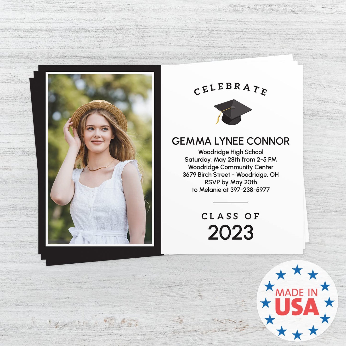 Personalized Graduation Celebrate Photo Invitations / 25 Black And White Custom Graduate Photo Party Invites With White Envelopes / 5" x 7" Flat Modern Grad Cap Invitation/Made In The USA