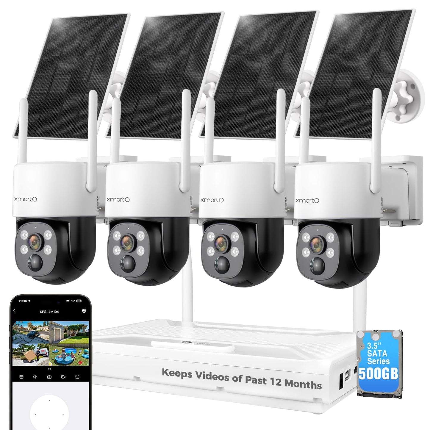 xmartO Solar Camera Outdoor Wireless, 4 PCs QHD 4MP PTZ AI Tracking Security Camera System with 4K 10CH Expandable WiFi NVR, All-Weather Solar Charge, 2-Way Audio, PIR Sensor, No Monthly Fee, 500GB