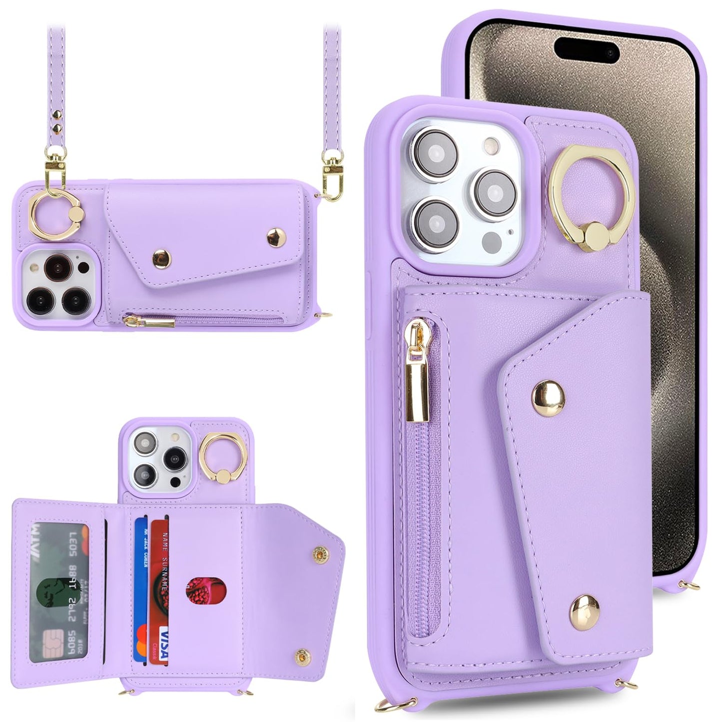 Lipvina For Iphone 15 Pro Max Case With Card Holder And Strap - Zipper Pocket,Crossbody Lanyard Strap,Credit Card Holder,Stand R