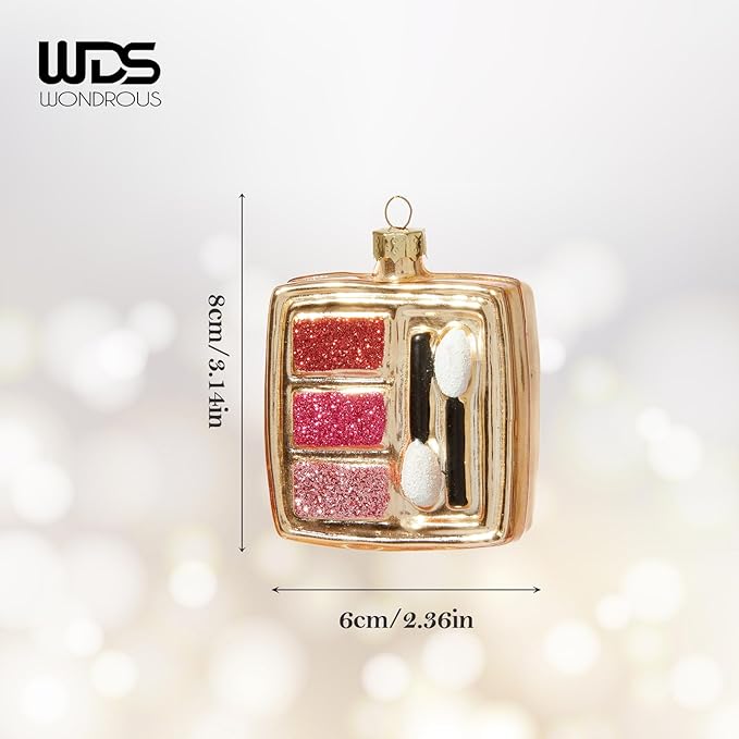 WDS WONDROUS Makeup Palette Christmas Ornament Glass, Gold and Pink Eye Shadow Palette Hanging Ornament for Christmas Tree Decoration Holiday Party Home Gift