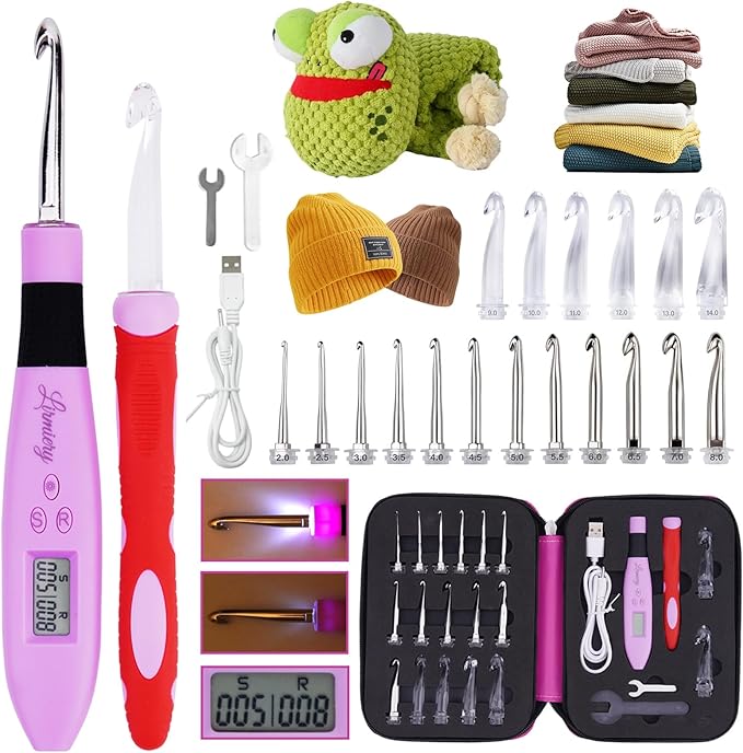 18 Size Counting Crochet Hooks Set Digital with Light up Crochet Hooks Set Ergonomic Soft Grip,Lighted Crochet Hook for St...